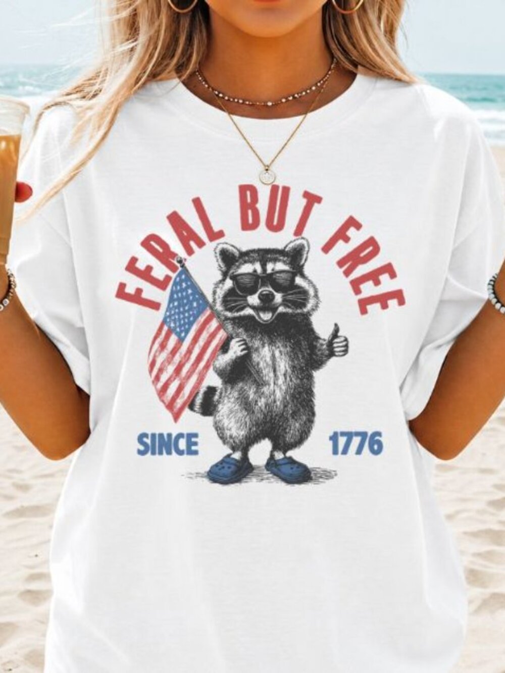 NEW Retro Funny Feral and Free USA 4th of July American Flag Graphic Tee Shirt